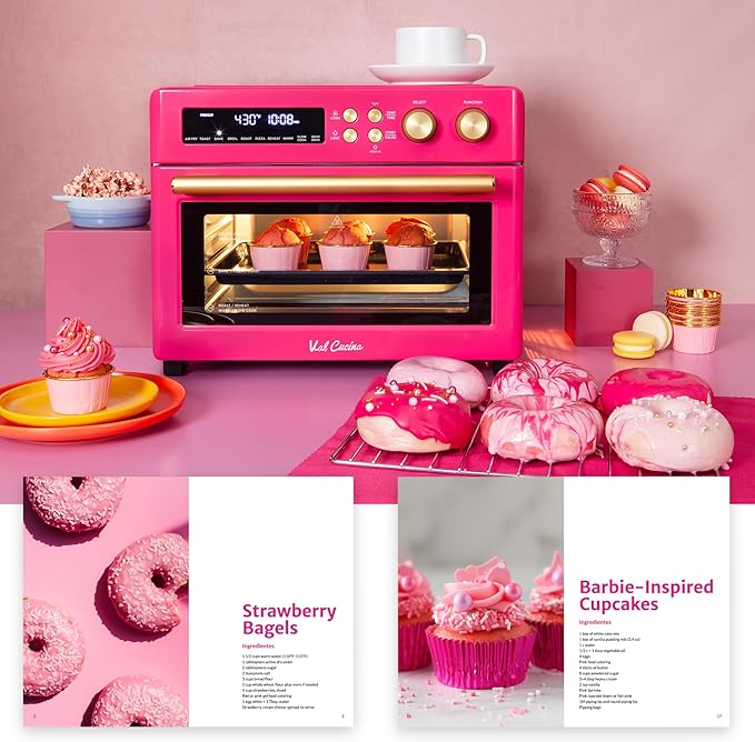 VAL CUCINA Limited Edition Happy Pink Infrared Heating Air Fryer Toaster Oven, Extra Large Countertop Convection Oven 10-in-1 Combo, 6-Slice Toast, Enamel Baking Pan Easy Clean with Recipe Book