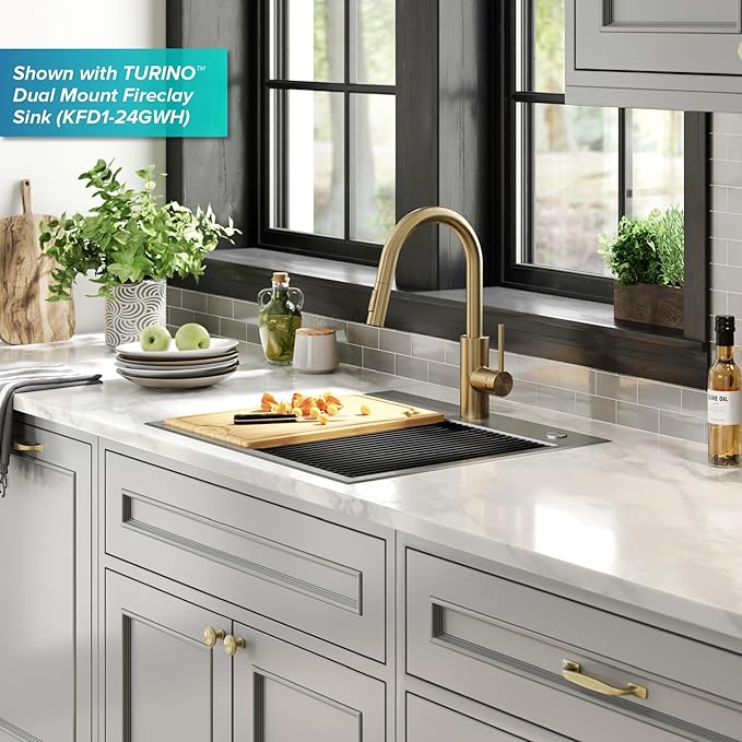 KRAUS Oletto Single Handle Pull Down Kitchen Faucet with QuickDock Top Mount Installation Assembly in Spot Free Antique Champagne Bronze, KPF-2620SFACB