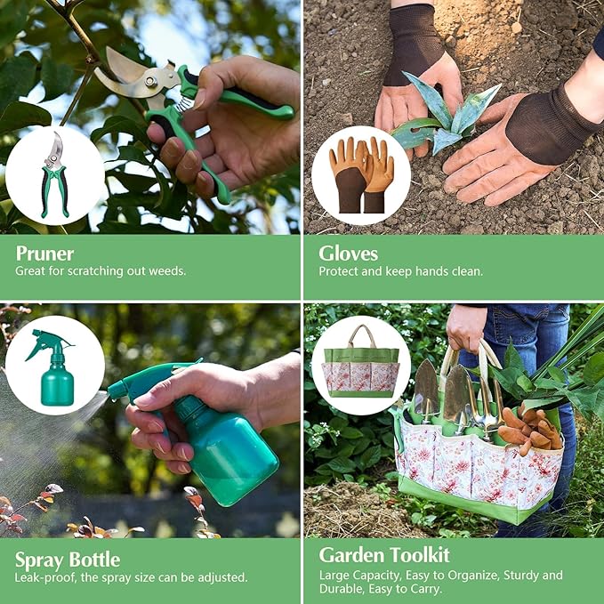 Gardening Tools – 9-Piece Garden Tools Set with Heavy-Duty Stainless Steel Hand Tools, Durable Storage Bag & Anti-Slip Rubber Gloves, Ideal Gardening Gifts for Women