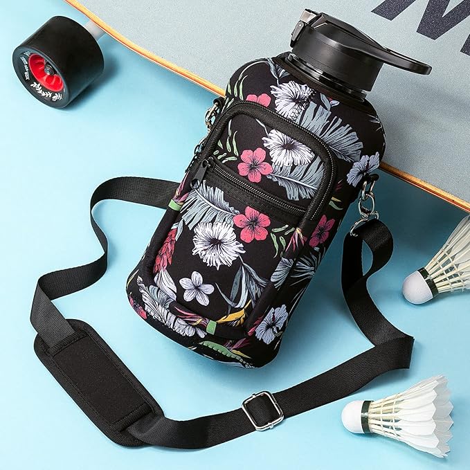 Fimibuke Half Gallon Water Bottle with Sleeve 64 OZ Water Bottle with Handle & Straw Leakproof Motivational Sports Gym Water Bottle with Time Marker BPA Free Water Jug with Reusable Neoprene Holder