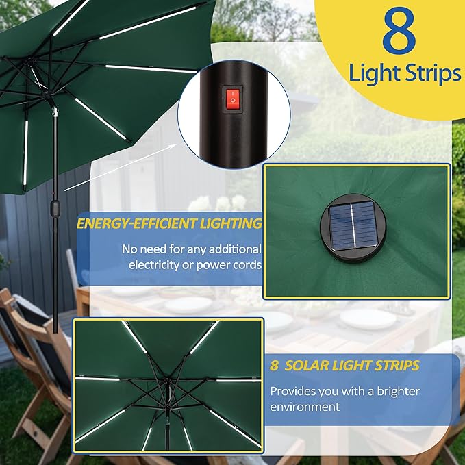 Sunnyglade 9FT Outdoor Solar LED Lighted Patio Umbrella with 8 LED Strip Lights & 8 Ribs, Convenient Crank Lift System