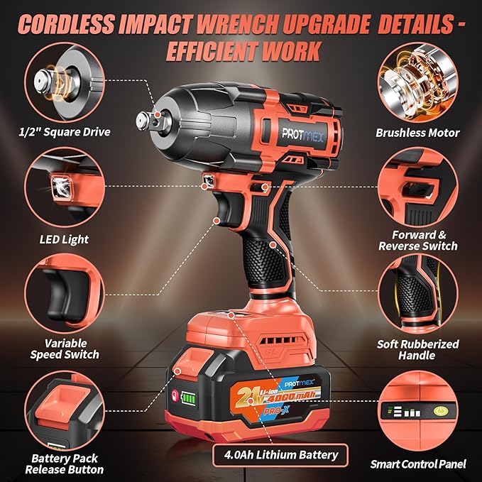 900Ft-lbs (1200N.m) Impact Wrench, 1/2" Cordless Impact Driver, 21V High Torque Power Impact Gun - 2x4.0Ah Batteries, Variable Speeds Brushless Impact Motor for Pickup Truck/Family Car (Orange Red)