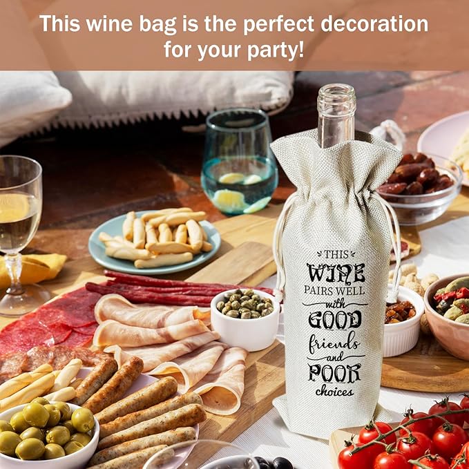 Friendship Wine Gift Bag, Friendship Gifts for Friend Coworker BFF, 1pcs Well with Good Friend and Poor Choice Reusable Burlap Drawstring Wine Gifts Bag for Wine Bottles, Holiday Party Favor -08