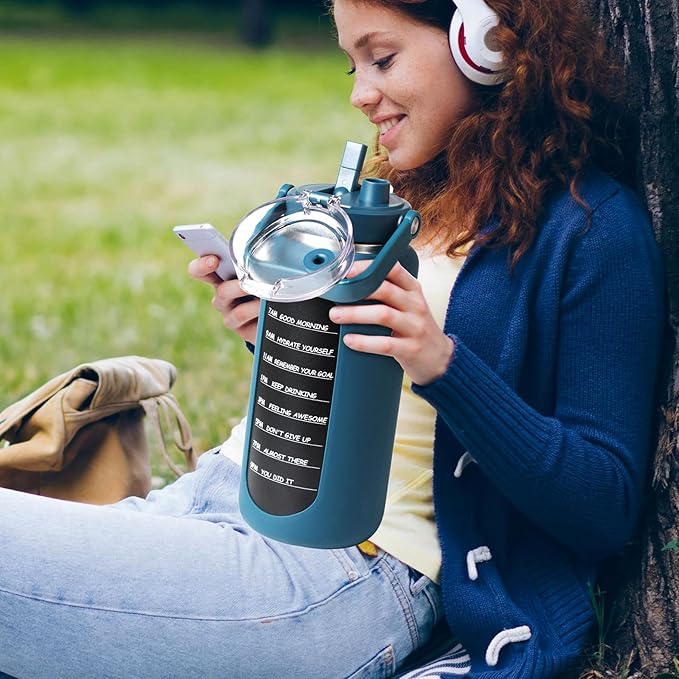 BLUEGO 64oz Insulated Water Bottle with Straw and Handle Leakproof Half Gallon Wide Mouth Motivational Water Bottle, 2-IN-1 Straw Spout Lid Stainless Steel Water Jug for Sport Travel Gym-Dark Blue