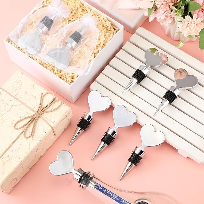 Blank Heart Shape Wine Stopper Stainless Steel Beer Stopper Blank Board Stopper with White Sheer Organza Bags Wedding Favor for Guests Wine Party Gifts Bridal Shower(Silver,24 Sets)