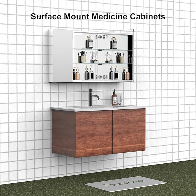 Sunrosa Aluminum Bathroom Medicine Cabinet with Mirror Door, 48" x 27.5", 3-Door Wall-Mounted & Recessed Bathroom Medicine Cabinet Organizer