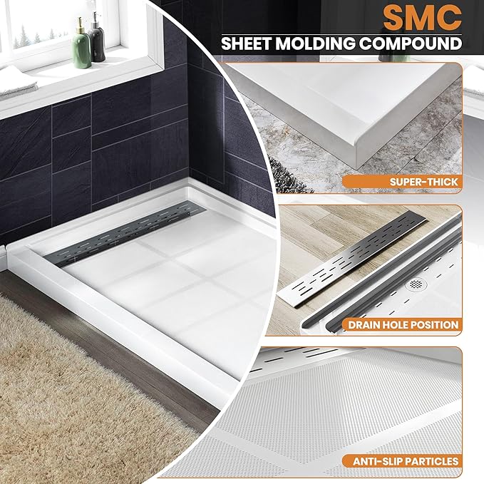 Shower Base Pan in White Left Linear Drainer, Rectangular Shower Base 48"×36"×4" with Non-Slip Floor Panel and Stainless Steel Shower Drain Cover