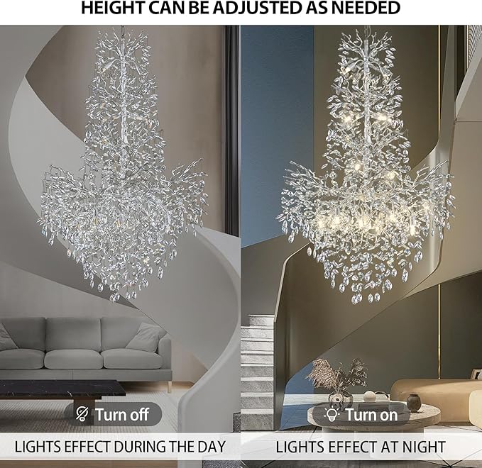 H61'' Silver Crystal High Ceilings Chandelier Staircase Chandeliers Modern Crystal Tree Branch Chandelier, D40'' Foyer Chandelier for High Ceiling Luxury Large Living Room Chandelier, 23-Lights