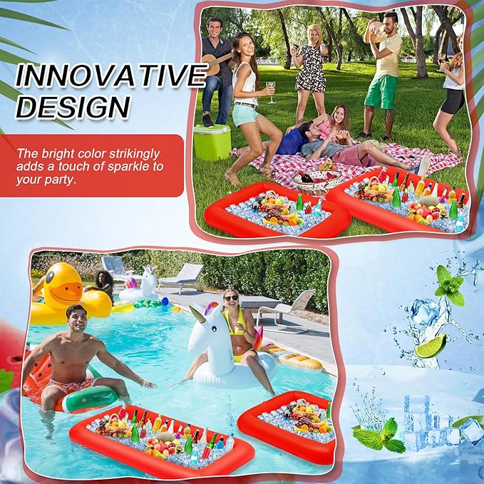 Leitee 4 Pcs Inflatable Ice Serving Bars Buffet Serving Tray Drink Cooler for Pool Party Inflatable Ice Tray Floating Food Drink Containers with Drain Plug and a Hand Pump, 2 Sizes (Red)