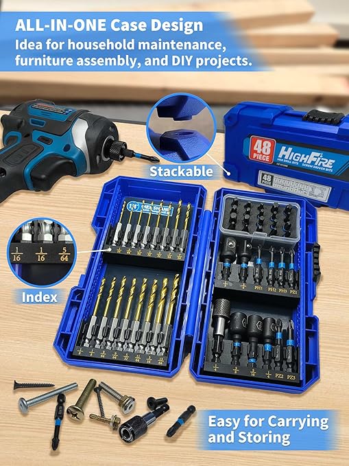 HIGHFIRE 48PCS Impact Screwdriver Bit and Drill Bit Set for Wood Metal Drilling & Screw Driving, Full Combo Kit Assorted in Index Carrying Case