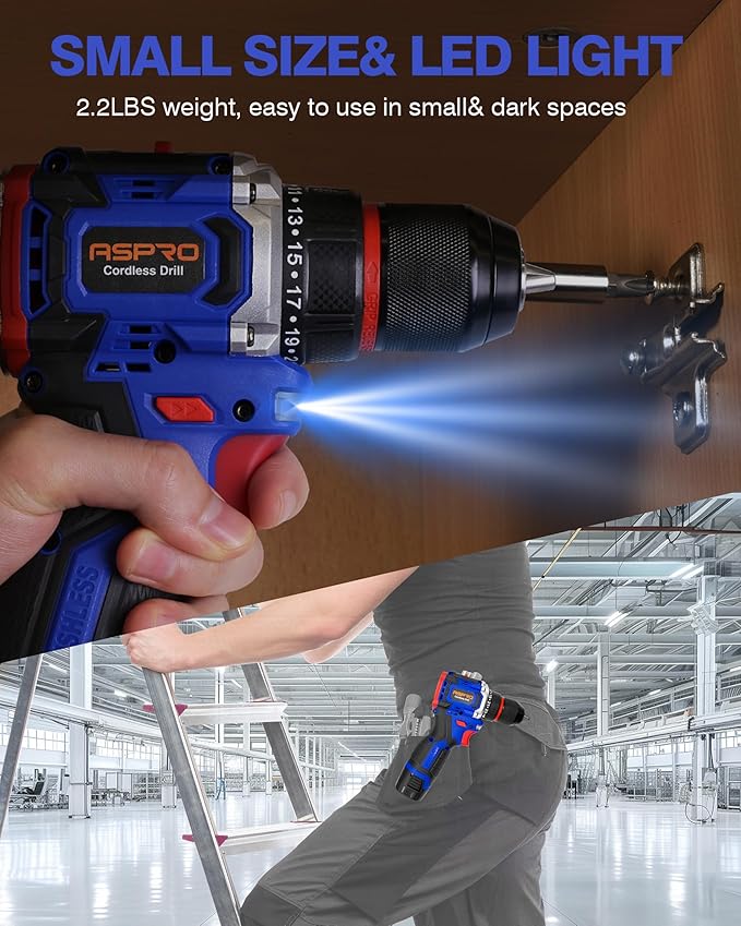 Aspro Cordless Drill Set, 16.8v Brushless Power Drill Cordless Drill with Battery and Charger, 2 Variable Speed, 3/8'' Keyless Chuck, Built-In LED, Versatile Small Drills for DIY Projects