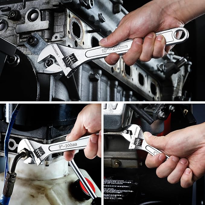 WORKPRO 3-Piece Adjustable Wrench Set, Forged Carbon Steel, Chrome-Plated, SAE & Metric Scale (6-inch, 8-inch, 10-inch)