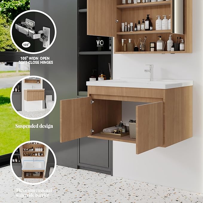32'' Bathroom Vanity with Ceramic Sink Combo, Wall Mounted Small Bathroom Vanity with Soft-Close Door Modern Floating Cabinet, Pop-up Drain, P-Trap Included, Walnut(No Faucet)
