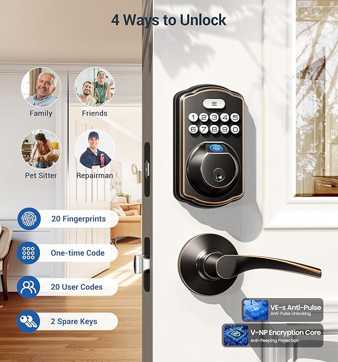 Veise Fingerprint Door Lock with 2 Lever Handles - Keyless Entry Door Lock, Electronic Keypad Deadbolt, Digital Smart Code & Front Handle Sets, Auto-Locking, Easy Installation, Oil Rubbed Bronze