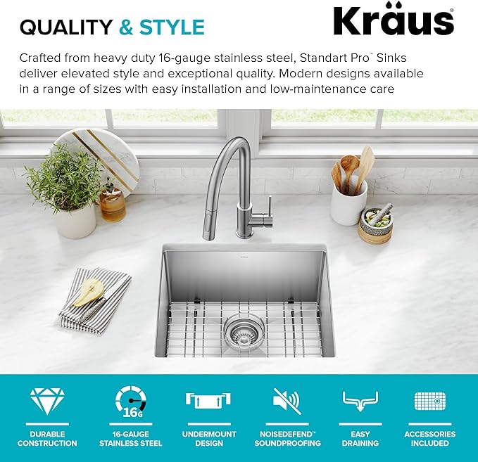 Kraus KHU101-21 Standart PRO 16 Gauge Undermount Single Bowl Set (4 Item Bundle: Sink, Bottom Grid, Drain Assembly, Kitchen Towel), 21 Inch, Stainless Steel