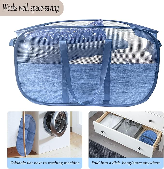 Extra Large Mesh Pop Up Laundry Hamper, 100L Collapsible Laundry Basket, Dirty Clothes Hamper with Reinforced Handles, Storage Bins for Shelves, Dorm or Home Portable Stair Laundry Basket. Blue