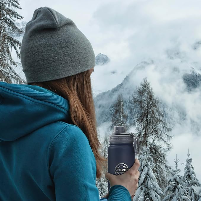 STOVER 25oz Insulated Water Bottle, Wide Mouth Double-Walled Stainless Steel- Vacuum Sealed, Leakproof, Durable, Slim Design Fits in Cup Holder- Flip Top Lid/Spout for Travel- Women/Men (Navy Blue)