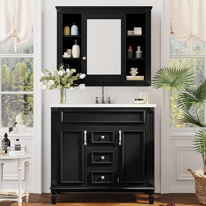 Marzzi 36" Bathroom Vanity with Sink & Matching Medicine Cabinet, 36 inch Bathroom Vanity Storage Cabinet with Sink Top, 2 Drawers, and Mirror Cabinet