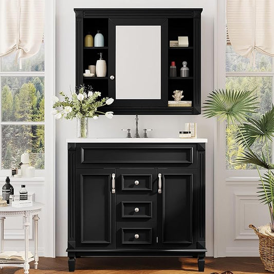 Marzzi 36" Bathroom Vanity with Sink & Matching Medicine Cabinet, 36 inch Bathroom Vanity Storage Cabinet with Sink Top, 2 Drawers, and Mirror Cabinet