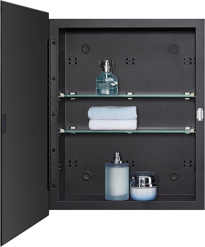 Black Bathroom Medicine Cabinet with Beveled Edge Mirrored Door 14 x 18 inch, Recessed or Surface Mount, with Adjustable Glass Shelves