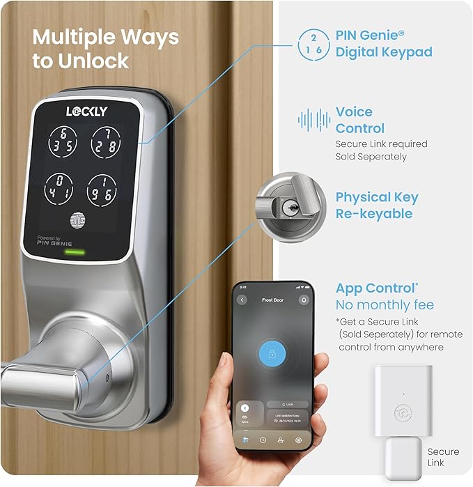 Lockly Smart Lock Model 6S, Bluetooth Smart Door Lock, Keyless Entry Door Lock, Touchscreen Keypad, App Control, eKeys and Offline Access Code, Auto Lock - Satin Nickel