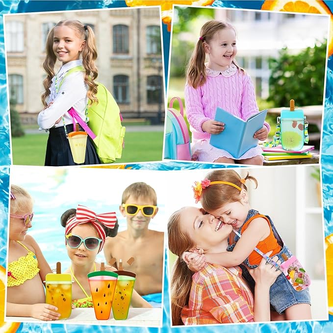 Patelai 8 Pcs Cute Water Bottles with Straw Kawaii Watermelon Ice Cream Cups Leak Proof Drinking Bottles with Adjustable Shoulder Strap for Sports Travel Camping(Classic Style)