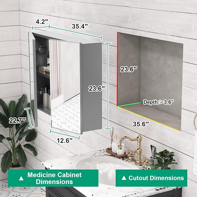 36 x 24 Farmhouse Medicine Cabinet, Tempered Frameless Bathroom Mirror with Storage, Silver Recessed or Surface Mount Aluminum Medicine Cabinet for Bathroom Modern