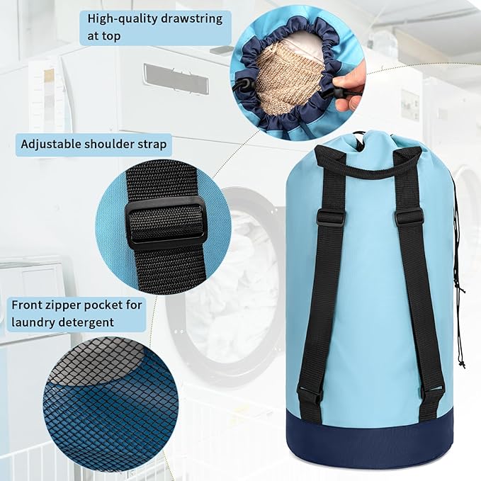 Laundry Bag Backpack with Shoulder Straps and Mesh Pocket Foldable Laundry Hamper for College, Apartment, Laundromat (Light Blue)