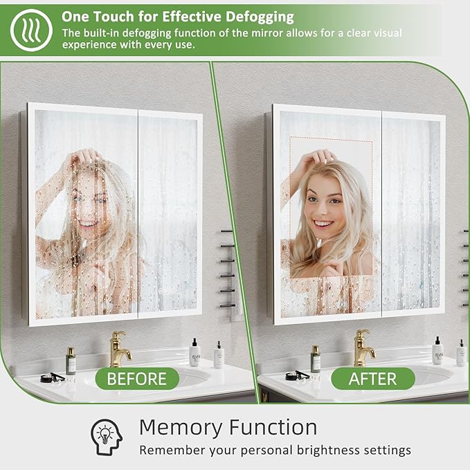 Medicine Cabinet with Lights, Bathroom LED Mirror Cabinet with Storage, Anti-Fog & 3 Color Lights, Recessed or Wall Mounted (30X32 in)