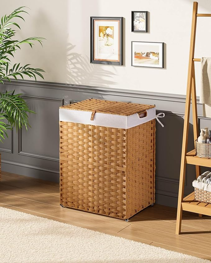 Greenstell Laundry Hamper No Install Needed, Divided Clothes Hamper with 2 Removable Liner Bags, 90L Handwoven Synthetic Rattan Laundry Basket with Lid and Handles, Foldable Natural