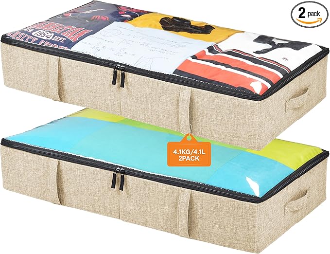 storageLAB Under Bed Storage Containers, Closet Organizers with Sturdy Handles for Clothes, Comforters, and Accessories, Use Under or at the End of the Bed - 2 Pack, Reinforced, Beige