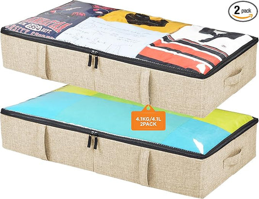 storageLAB Under Bed Storage Containers, Closet Organizers with Sturdy Handles for Clothes, Comforters, and Accessories, Use Under or at the End of the Bed - 2 Pack, Reinforced, Beige
