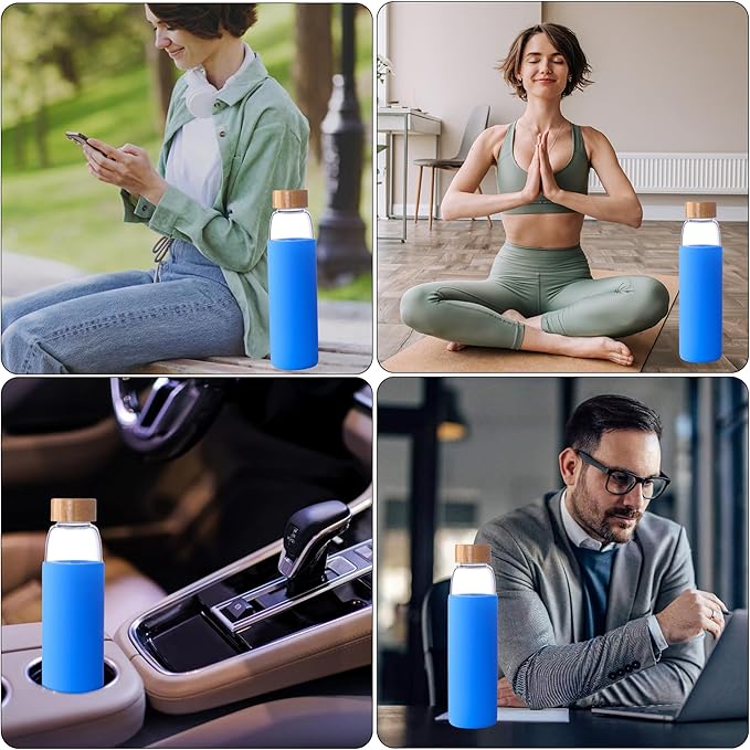 Laster Glass Water Bottle 20 Oz, 600 ml, made of Borosilicate Glass, 1 Bamboo & 1 Stainless Steel Lid, BPA Free, Non-Slip Silicone Sleeve (Ocean Blue)
