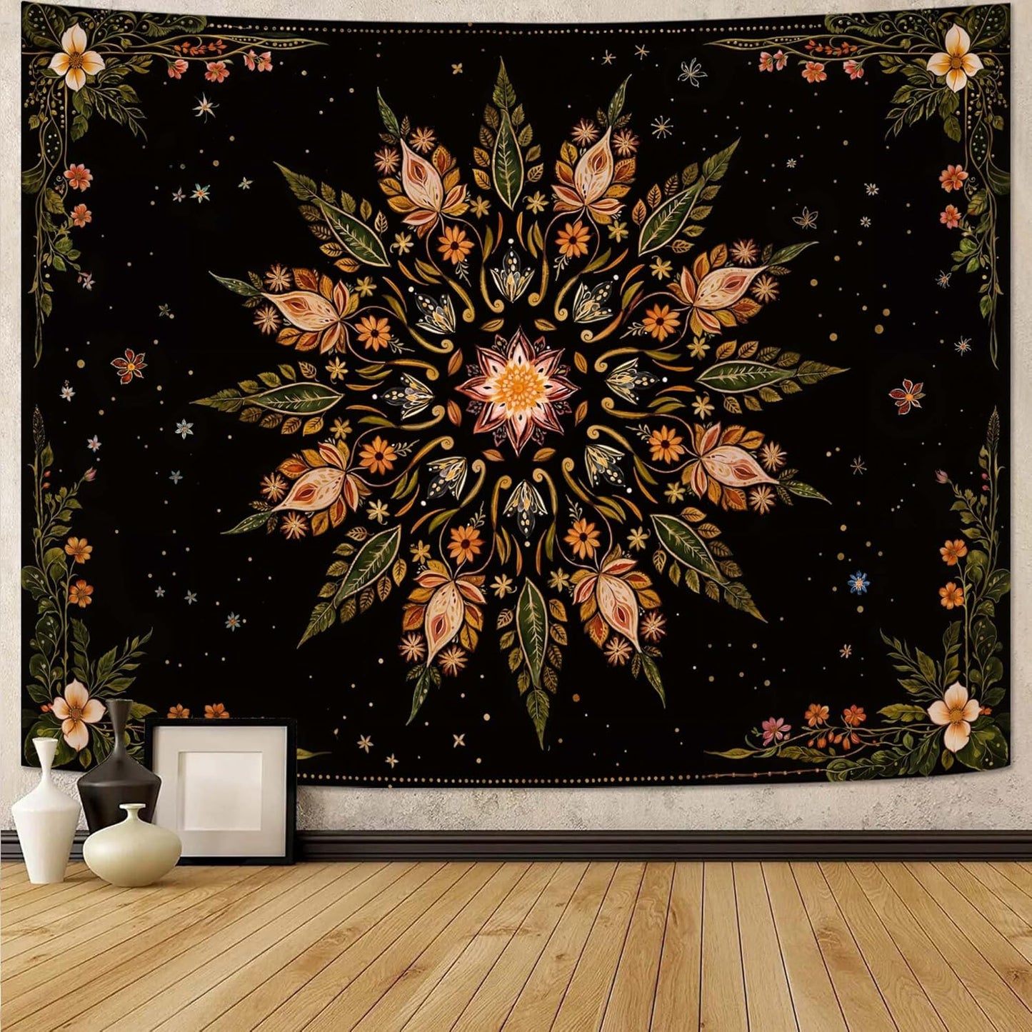 Fowocu Boho Floral Mandala Tapestry for Bedroom Aesthetic Vintage Bohemian Flower Wall Tapestry Black Green Hippie Indian Small Tapestries Wall Hanging for Living Room Dorm Decor 40 x 30 Inch
