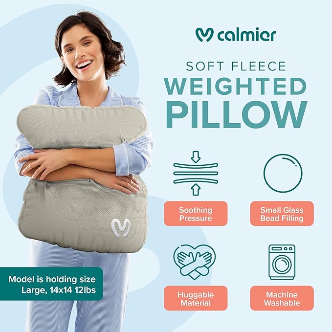 Calmier - 9 lb Sensory Weighted Pillow - Glass Bead Filled Hug Pillow - Ultra Plush Cozy Weighted Pillows for Adults and Kids - Child Sensory Pillow - Weighted Lap Pad (Tan - Fleece, 9 LBS)