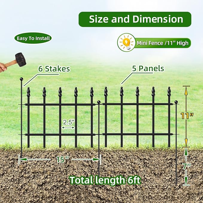 Decorative Metal Garden Fence 11in H x 6ft L, Small Border Fence Roman Column Deco, Garden Fencing for Flower Bed Lawn Landscape Outdoor, 5 Panels + 6 Stakes Black
