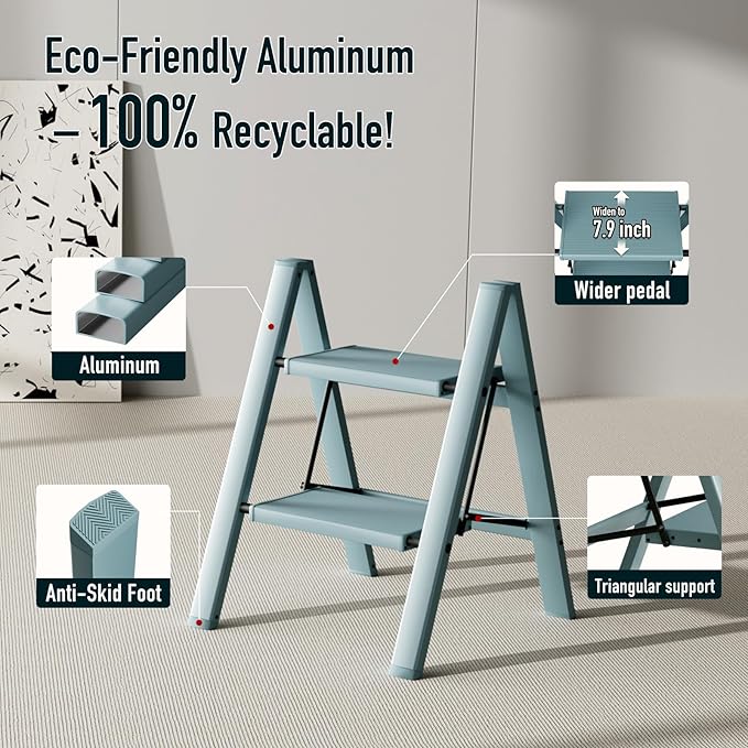 2 Step Ladder,Aluminum Folding Step Stool for Adults,Step Ladder with Wide Anti-Slip Pedal,330 lbs Capacity for Home,Office,Kitchen,Library(Blue)