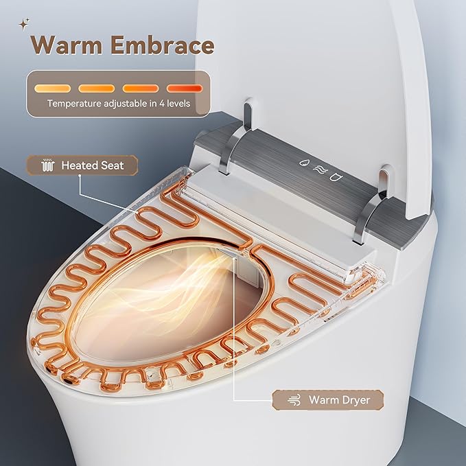 Smart Toilet with Bidet Built-in Filtered Water Cleaning, Instant Warm Water & Heated Seat, Smart Bidet Toilet with Auto/Blackout Flush, Dryer, Deodorization, Night Light & Digital Display
