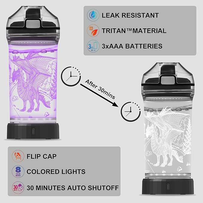 Ammonite Dragon Kids Water Bottle with 3D Glowing LED Light - 14 OZ Tritan BPA Free - Creative Ideal Travel Cup Gift for School Kid Boy Child Holiday Camping Picnic