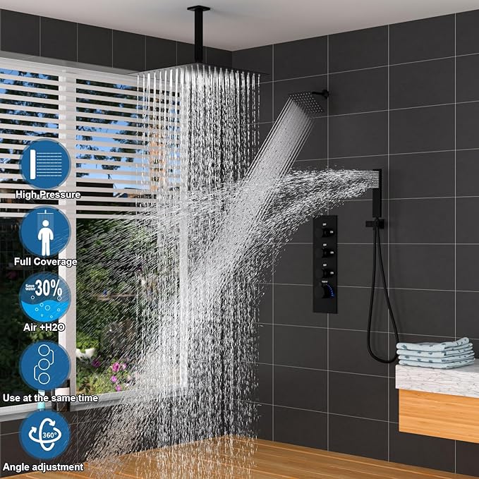 Enga Thermostatic Shower Faucet Set (Eco-Performance), 16 Inch Ceiling Mount Shower Head with 6 Inch Wall Mount Shower Head Dual Shower Faucet Set, All Functions Can operate Simultaneously
