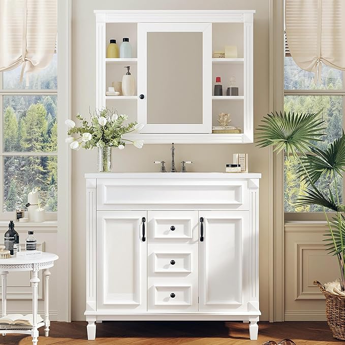 Merax 36" Bathroom Vanity with Sink, 36 inch Bathroom Vanity Storage Cabinet with Matching Mirror Medicine Cabinet, Ceramic Sink Top, Solid Wood Frame, Painted Finish (White)