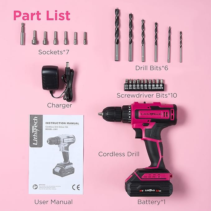 20V Pink Cordless Drill Set for Women - with 2.0Ah Battery & Charger, 3/8" Keyless Chuck,Lightweight Electric Power Drill Tool,2-Speed + 354 In-Lb Torque(Pink)