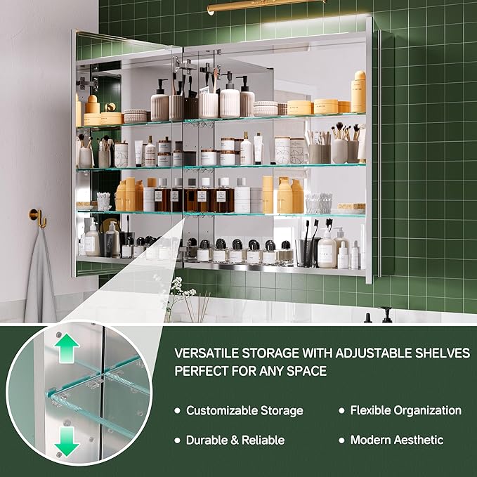 30''×30'' Bathroom Medicine Cabinet, Storage Cabinet with Mirror Door, Vanity Mirror, Blum Hinges Soft-Close Door, Recessed/Surface Mount, Adjustable Glass Shelves
