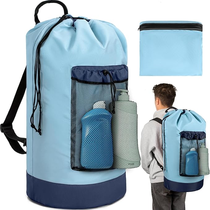 Laundry Bag Backpack with Shoulder Straps and Mesh Pocket Foldable Laundry Hamper for College, Apartment, Laundromat (Light Blue)