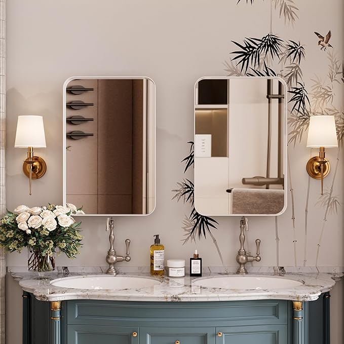 16x24 Inch Recessed Medicine Cabinet with Mirror and Adjustable Shelves,Wall Mounted Mirror Cabinet with Black Metal Framed and Storage for Bathroom (White)