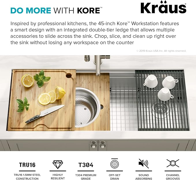 KRAUS KWU120-45 Kore 2-Tier Workstation 45-inch Undermount 16 Gauge Single Bowl Stainless Steel Kitchen Sink with Integrated 2-Step Ledge and Accessories (Pack of 10)