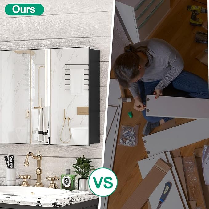 32 x 24 Farmhouse Medicine Cabinet, Tempered Frameless Bathroom Mirror with Storage, Black Recessed or Surface Mount Aluminum Medicine Cabinet for Bathroom Modern