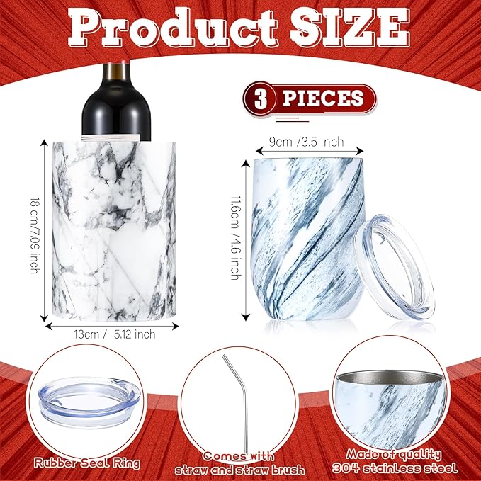 Baderke Marble Wine Cooler with 2 Marble Stainless Steel Wine Cup Wine Chiller Portable Wine Bottle Chiller Beverage Chiller Wine Accessories for Wine Lovers Parties Dinner Keep Wine Beverages Cold