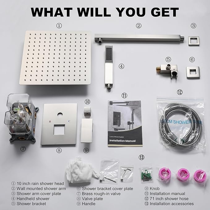 Shower Faucet Set, Shower System with 10 Inch Rain Showerhead and Handheld Shower, Wall Mounted High-Pressure Showerhead Combo Set Included Valve and Trim, Brushed Nickel