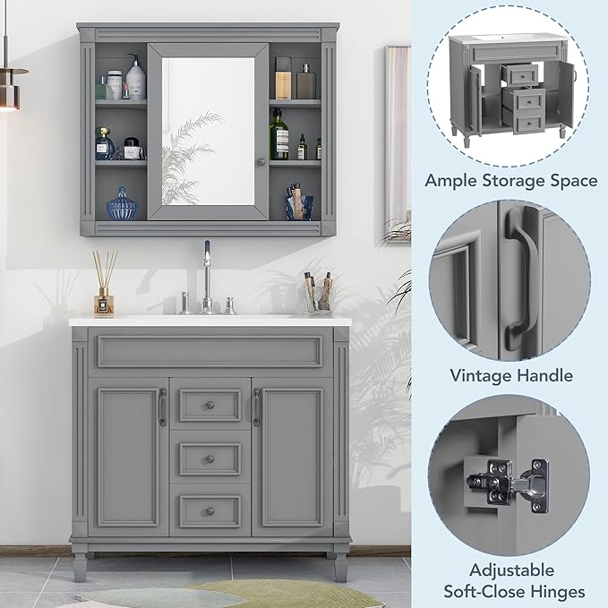 Merax 36” Bathroom Vanity with Sink, Freestanding Single Bathroom Sink Vanity Cabinet Set with 36” Countertop & Integrated Sink, 2 Doors & 2 Drawers (Sink Cabinet Only, Gray)